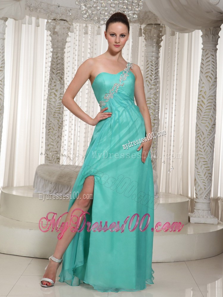 Floor-length Turquoise Chiffon Prom Dress with one Shoulder and High Slit