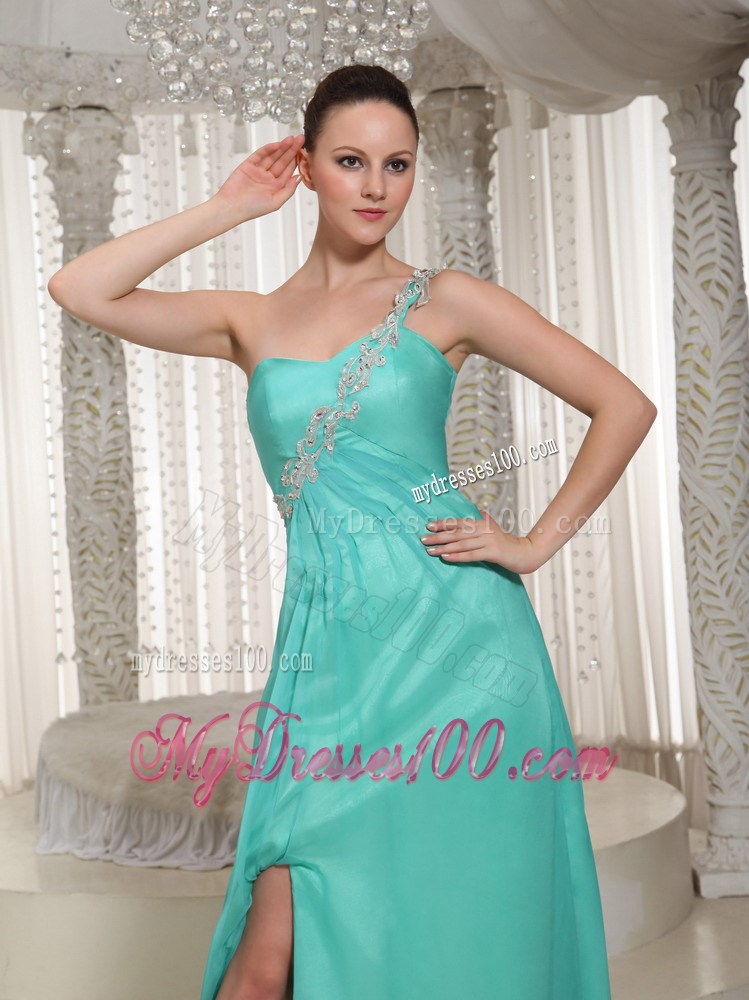 Floor-length Turquoise Chiffon Prom Dress with one Shoulder and High Slit