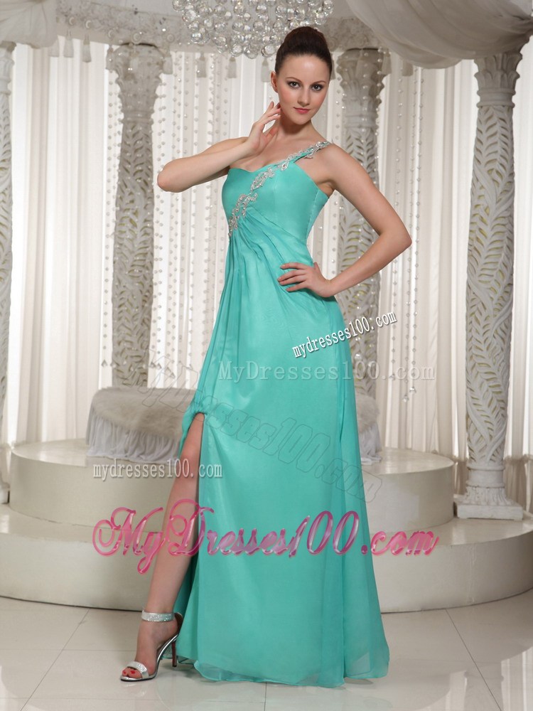 Floor-length Turquoise Chiffon Prom Dress with one Shoulder and High Slit