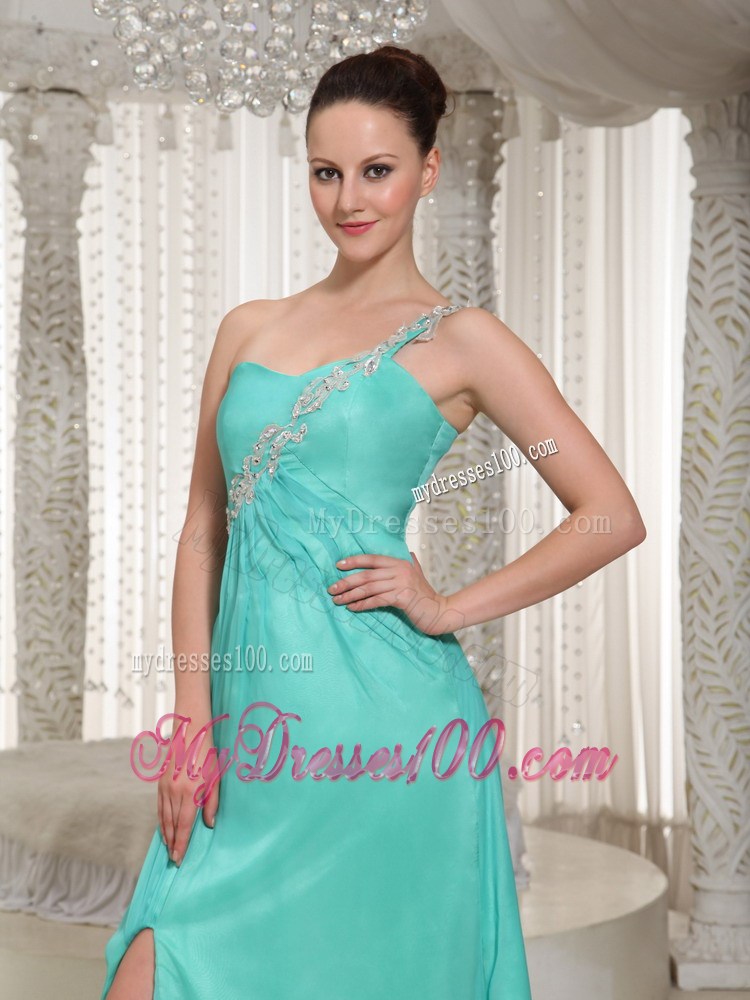 Floor-length Turquoise Chiffon Prom Dress with one Shoulder and High Slit