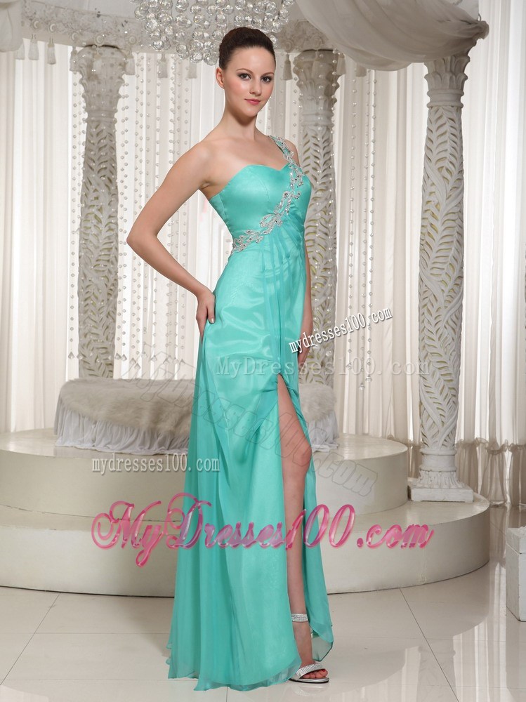 Floor-length Turquoise Chiffon Prom Dress with one Shoulder and High Slit