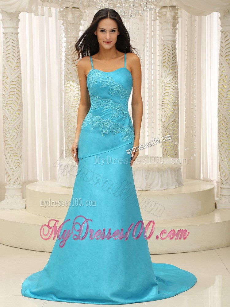 Spaghetti Straps Sleeveless Aqua Brush Train Blue Prom Dresses with Appliques