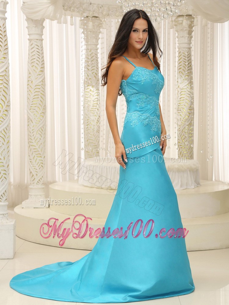 Spaghetti Straps Sleeveless Aqua Brush Train Blue Prom Dresses with Appliques