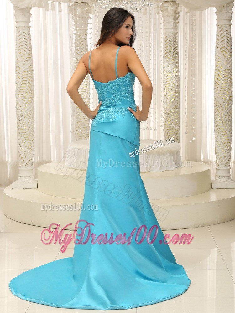 Spaghetti Straps Sleeveless Aqua Brush Train Blue Prom Dresses with Appliques
