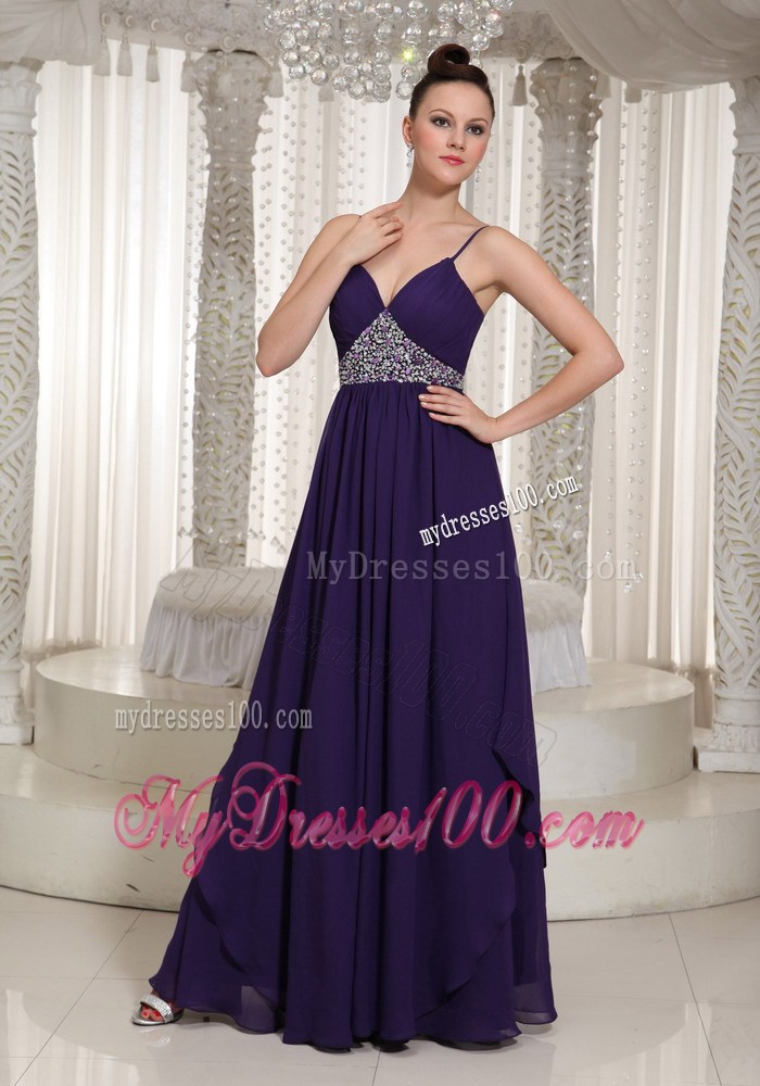 Spaghetti Straps and Beading Decorate Floor-length Chiffon Prom Dress in Dark Purple