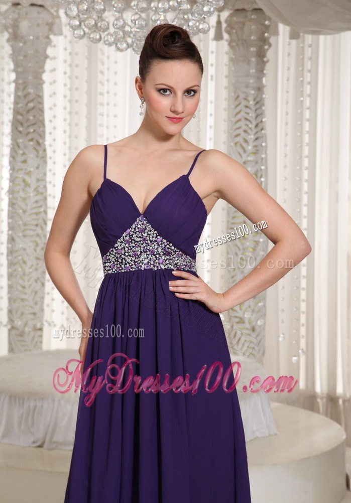 Spaghetti Straps and Beading Decorate Floor-length Chiffon Prom Dress in Dark Purple