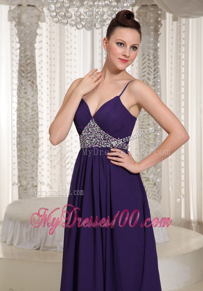 Spaghetti Straps and Beading Decorate Floor-length Chiffon Prom Dress in Dark Purple