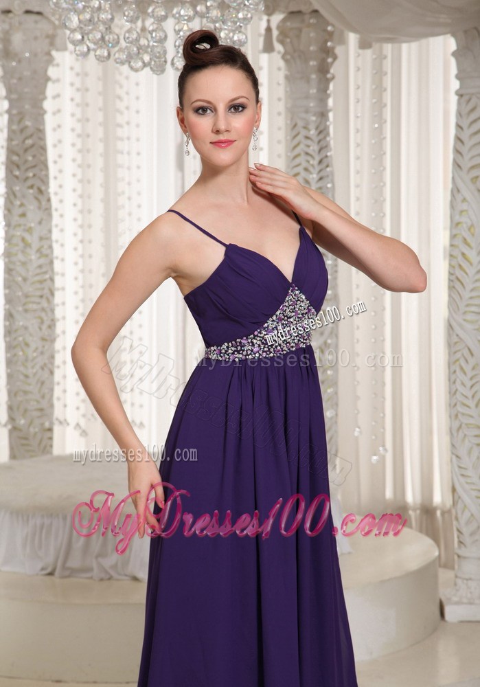 Spaghetti Straps and Beading Decorate Floor-length Chiffon Prom Dress in Dark Purple