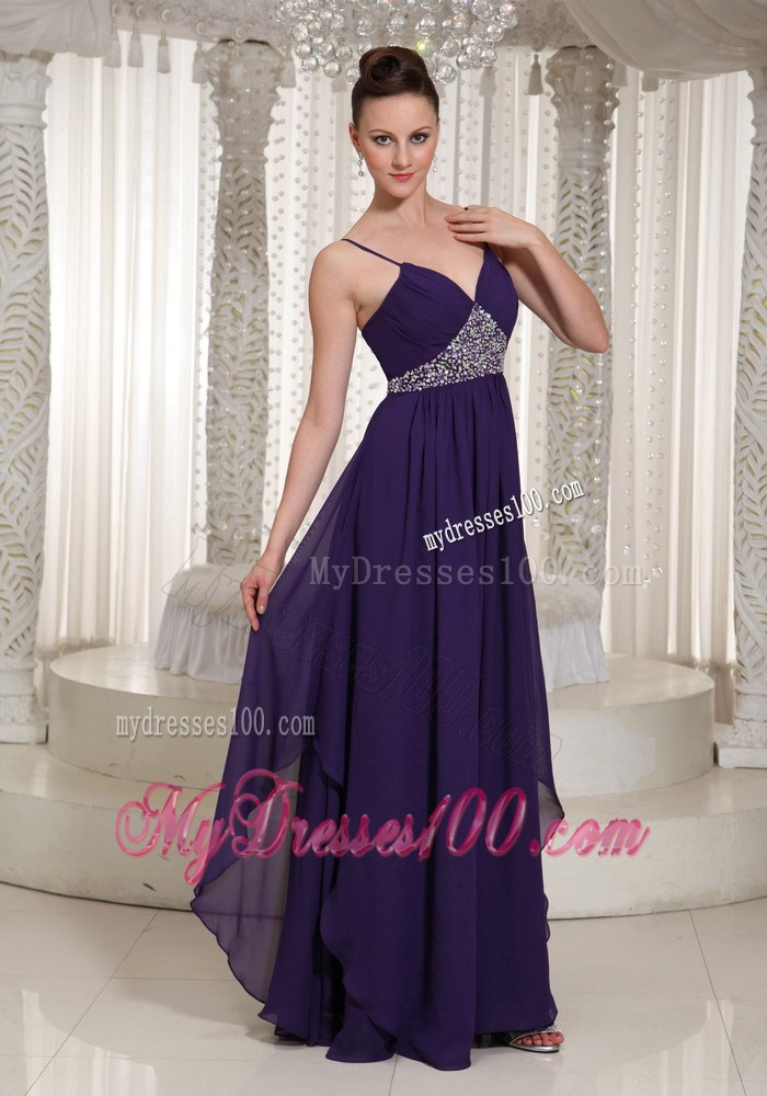 Spaghetti Straps and Beading Decorate Floor-length Chiffon Prom Dress in Dark Purple