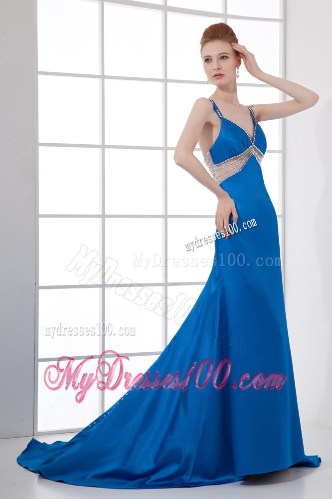 Spaghetti Straps Empire Blue Chiffon Beading Brush Train Evening Dress