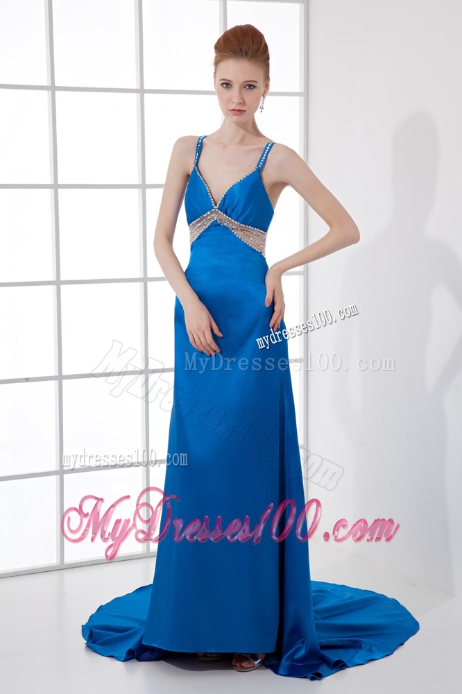 Spaghetti Straps Empire Blue Chiffon Beading Brush Train Evening Dress