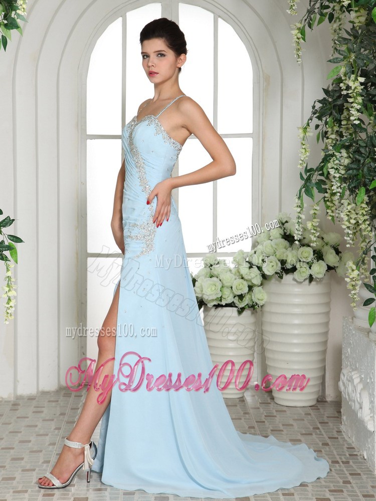 Beaded Light Blue Chiffon Prom Gowns with High Slit and Spaghetti Straps