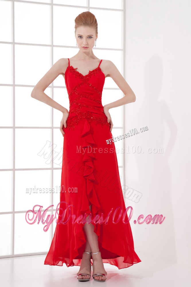 Spaghetti Straps Tea-length Chiffon Red Dresses for Evening