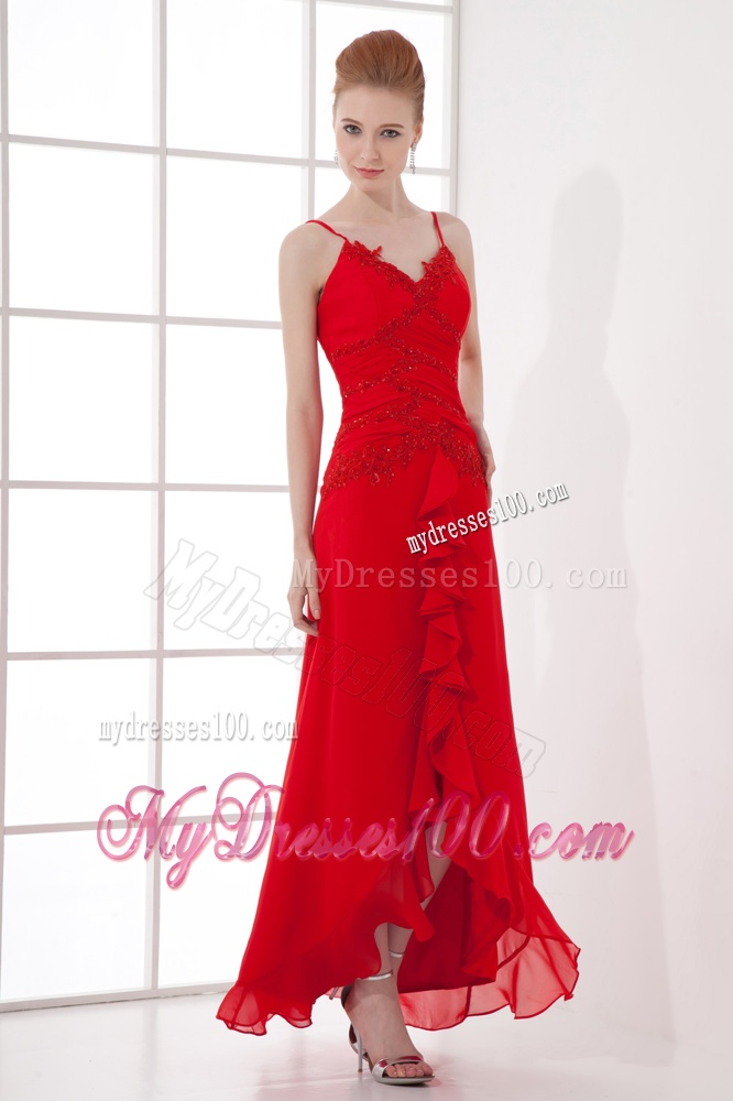 Spaghetti Straps Tea-length Chiffon Red Dresses for Evening