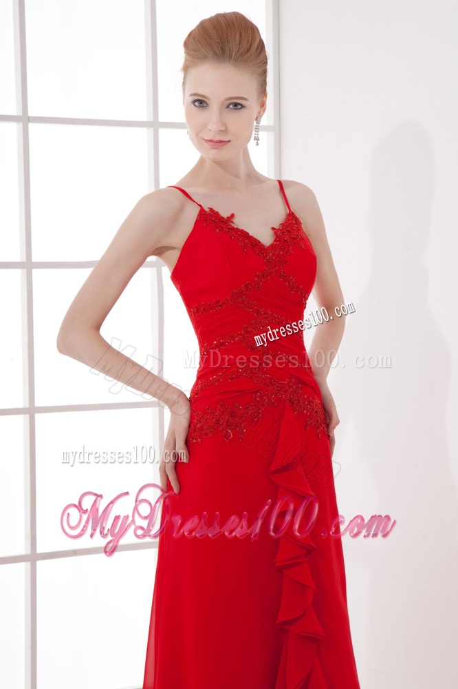 Spaghetti Straps Tea-length Chiffon Red Dresses for Evening