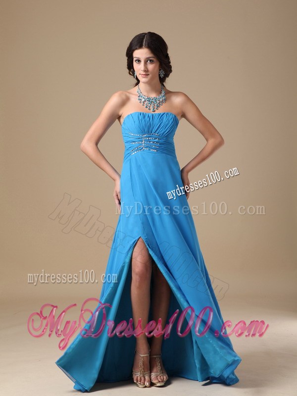 Strapless Ruched and Beaded Aqua Blue Chiffon Prom Dresses with High Slit