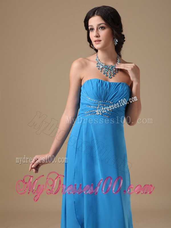 Strapless Ruched and Beaded Aqua Blue Chiffon Prom Dresses with High Slit