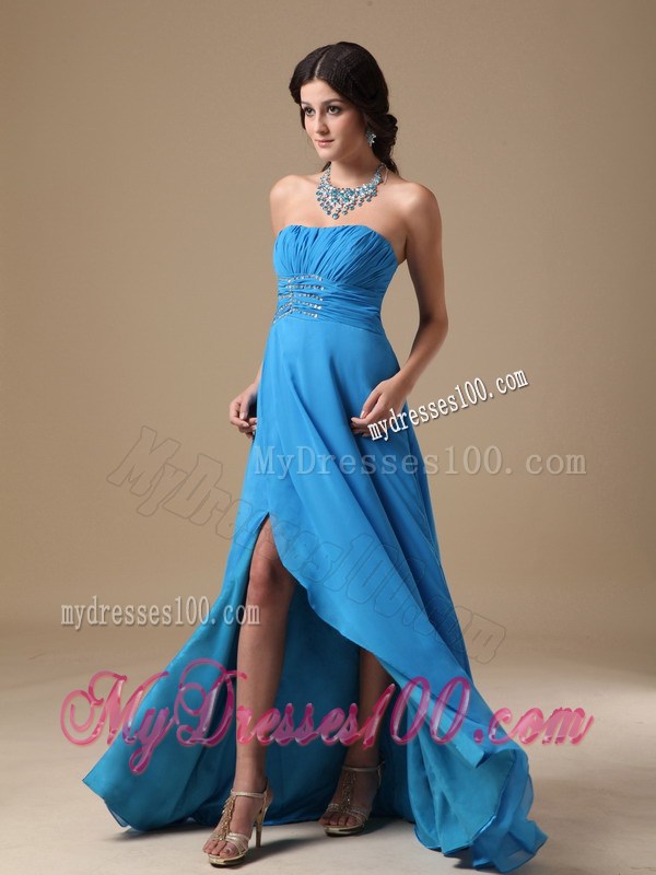 Strapless Ruched and Beaded Aqua Blue Chiffon Prom Dresses with High Slit