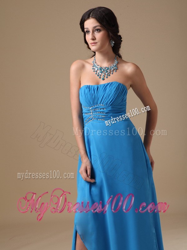 Strapless Ruched and Beaded Aqua Blue Chiffon Prom Dresses with High Slit