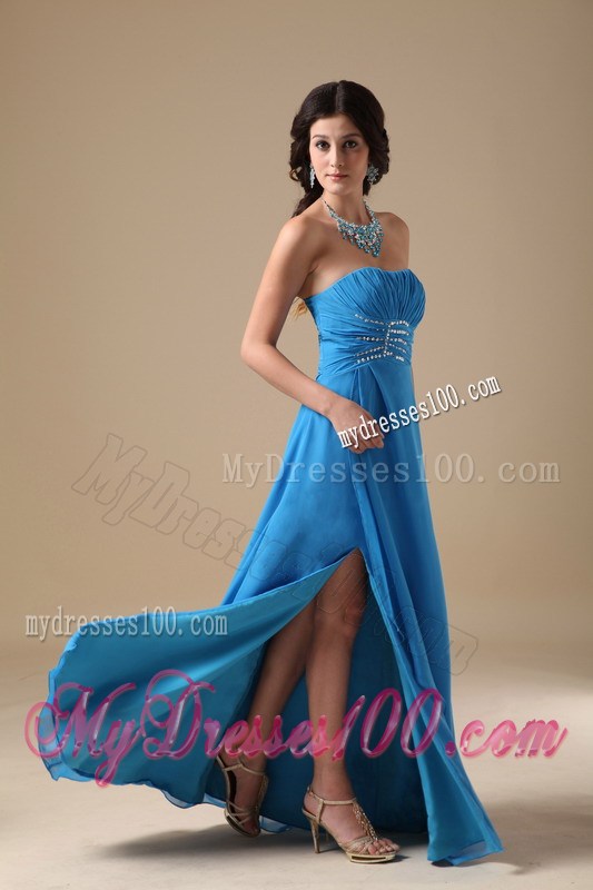 Strapless Ruched and Beaded Aqua Blue Chiffon Prom Dresses with High Slit