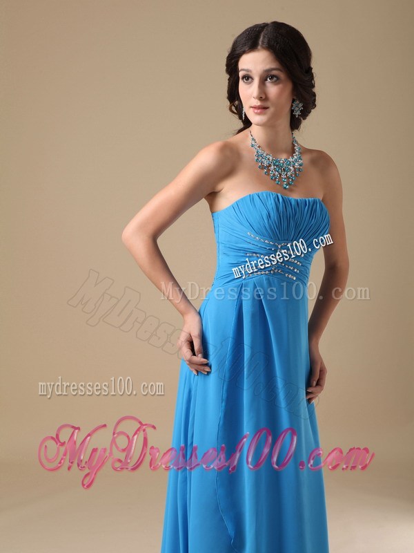 Strapless Ruched and Beaded Aqua Blue Chiffon Prom Dresses with High Slit