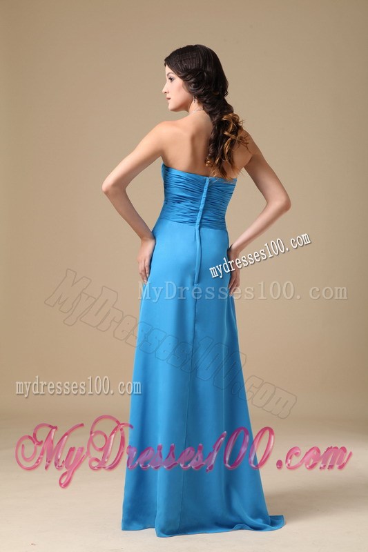 Strapless Ruched and Beaded Aqua Blue Chiffon Prom Dresses with High Slit