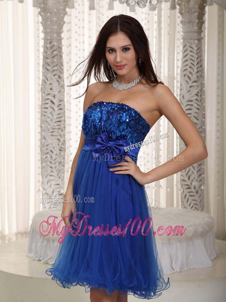 Royal Blue Tulle Mini-length Dresses for Prom with Bowknot and Sequins