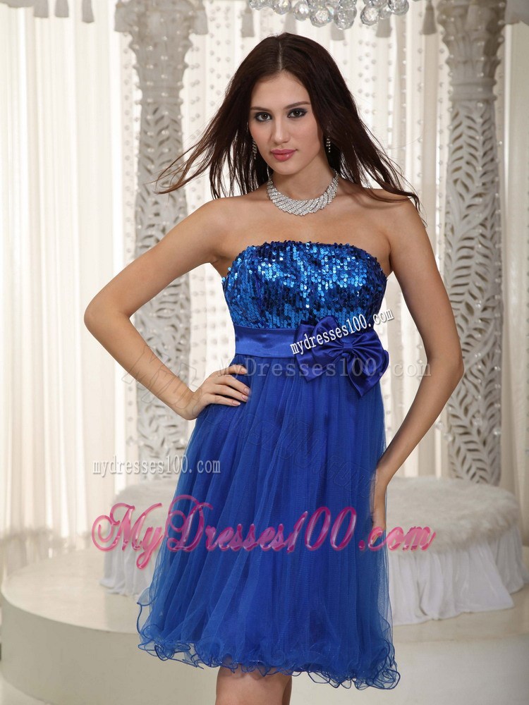 Royal Blue Tulle Mini-length Dresses for Prom with Bowknot and Sequins