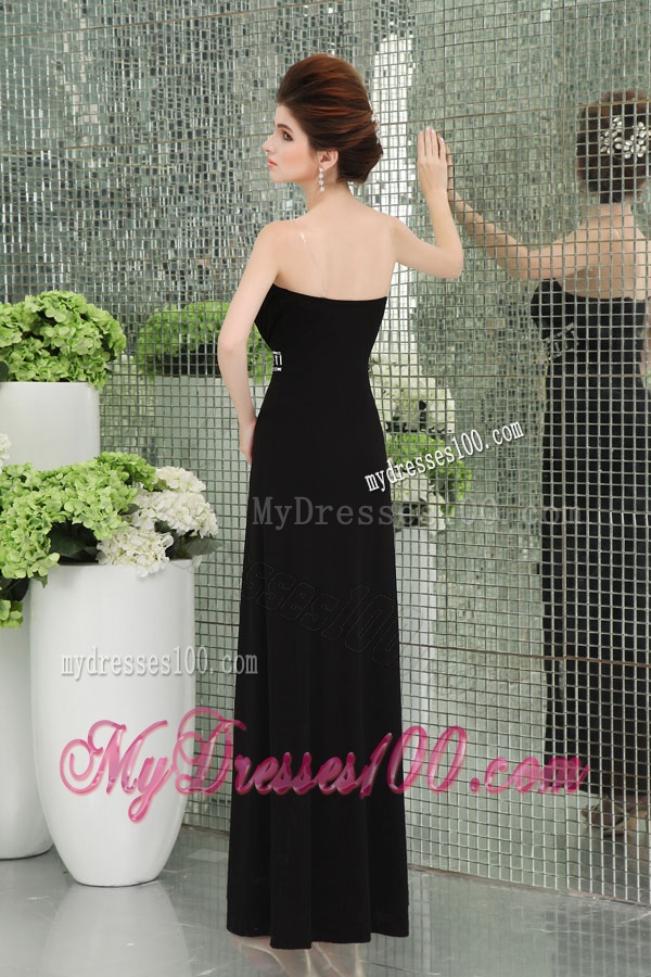 Strapless Empire Black Chiffon Belt Evening Dress with High Slit and Ruching