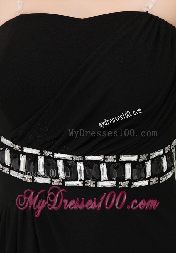 Strapless Empire Black Chiffon Belt Evening Dress with High Slit and Ruching