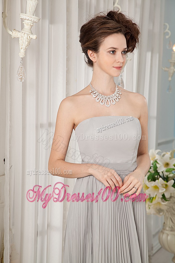 Strapless Brush Train Ruched Prom Gown in Grey Chiffon Empire 2013