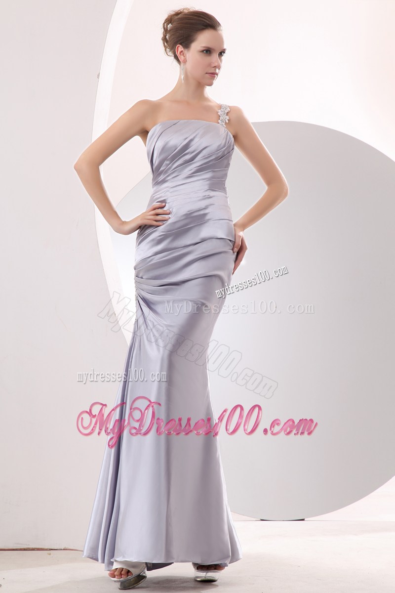 Appliqued One Shoulder Ankle-length Silver Taffeta Prom Dresses with Ruches