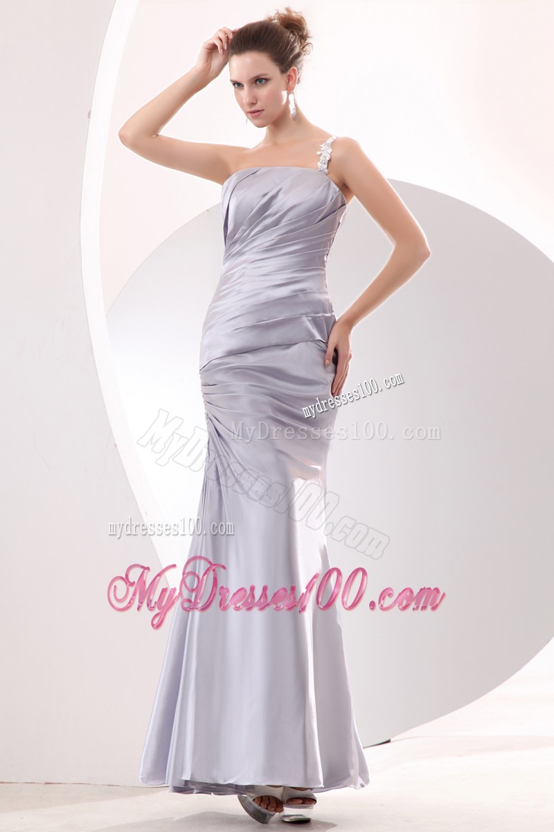 Appliqued One Shoulder Ankle-length Silver Taffeta Prom Dresses with Ruches