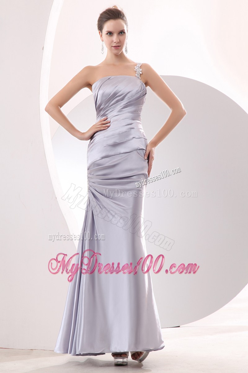 Appliqued One Shoulder Ankle-length Silver Taffeta Prom Dresses with Ruches