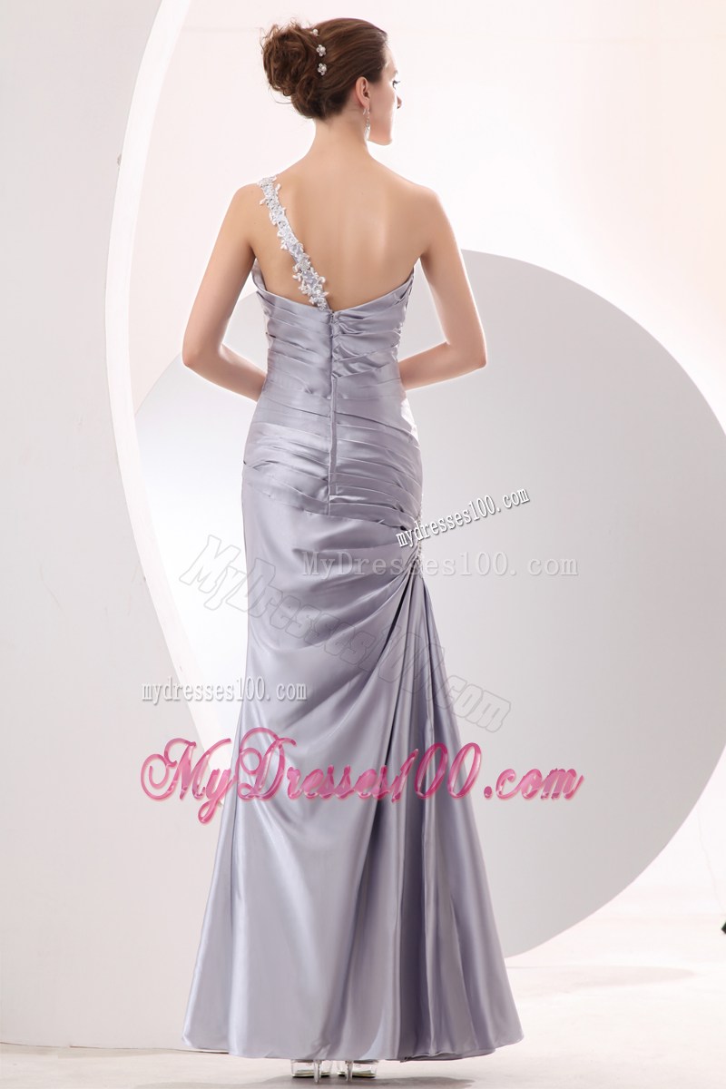 Appliqued One Shoulder Ankle-length Silver Taffeta Prom Dresses with Ruches