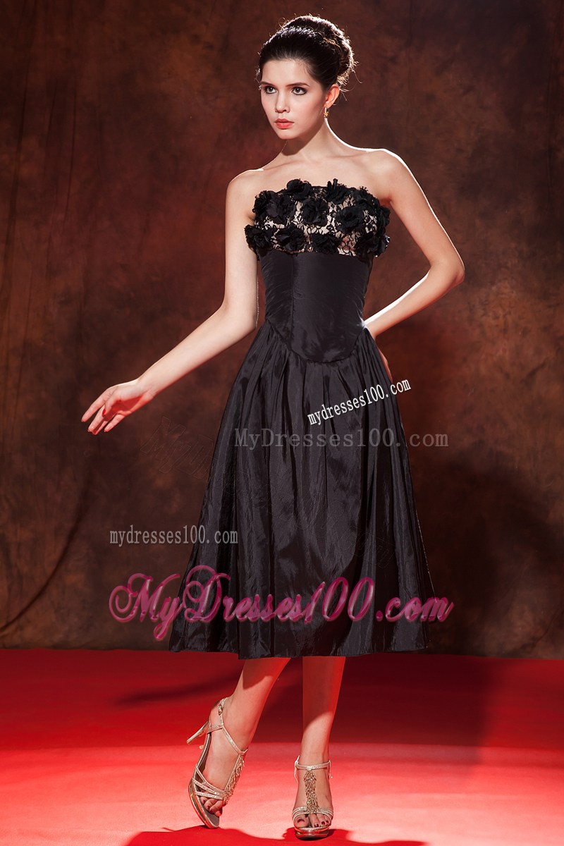 Flowers and Ruches Accent Tea-length Black A-line Prom Gown Hot on Sale
