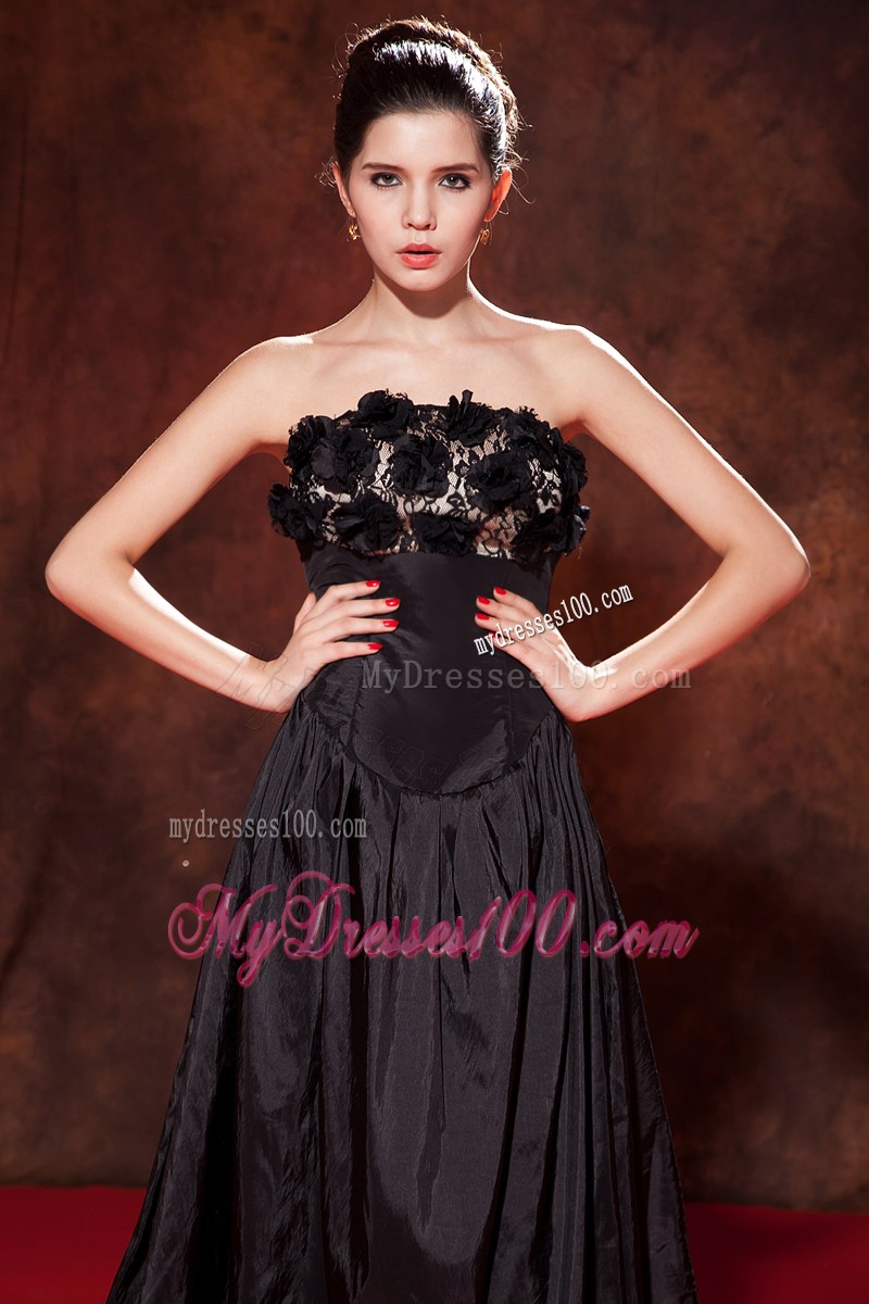 Flowers and Ruches Accent Tea-length Black A-line Prom Gown Hot on Sale