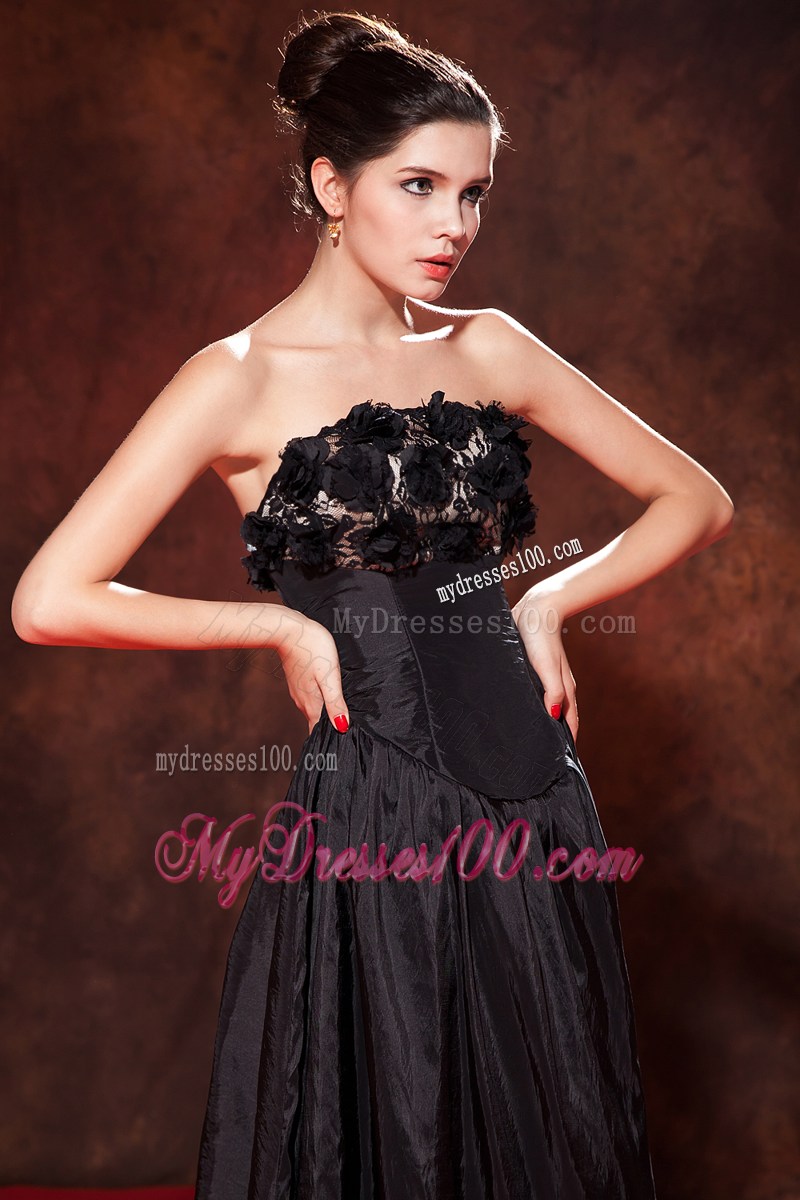 Flowers and Ruches Accent Tea-length Black A-line Prom Gown Hot on Sale