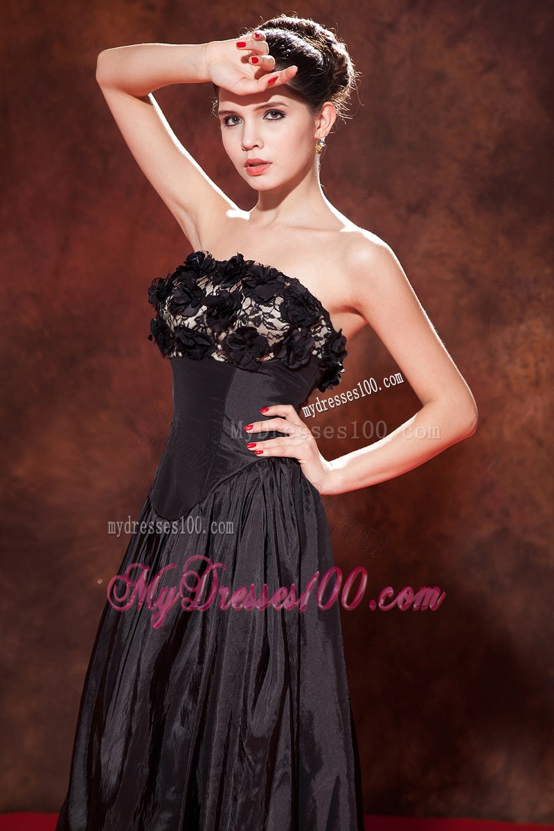 Flowers and Ruches Accent Tea-length Black A-line Prom Gown Hot on Sale