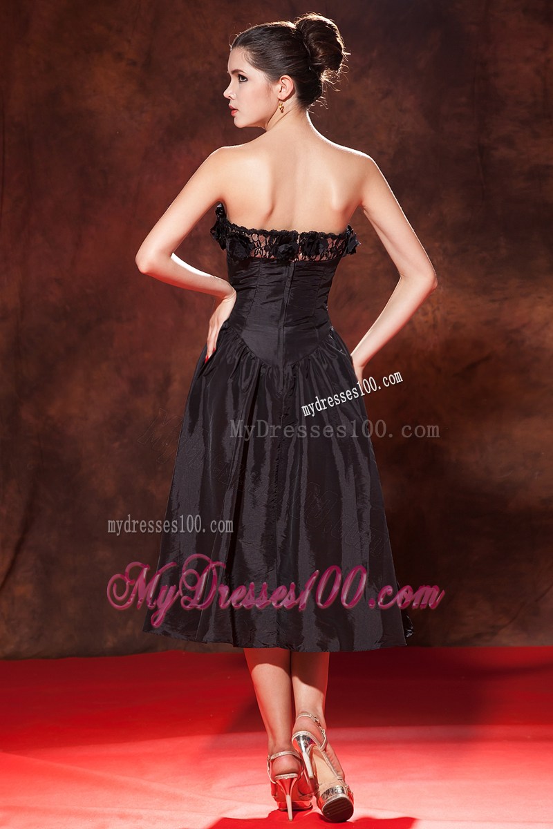 Flowers and Ruches Accent Tea-length Black A-line Prom Gown Hot on Sale