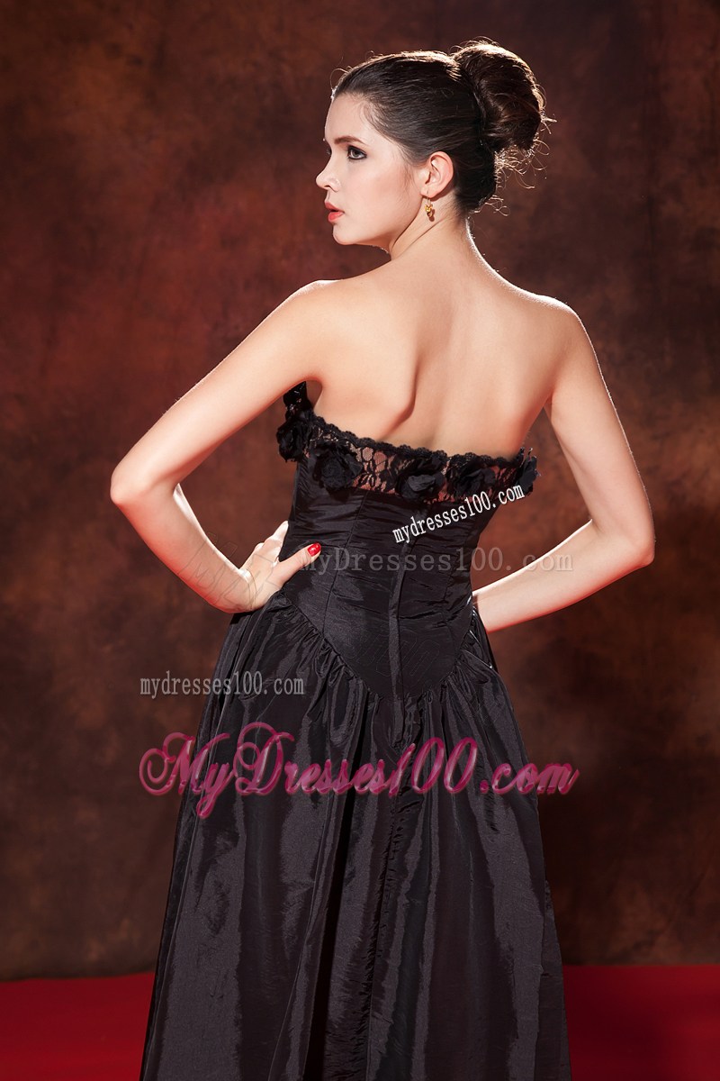 Flowers and Ruches Accent Tea-length Black A-line Prom Gown Hot on Sale