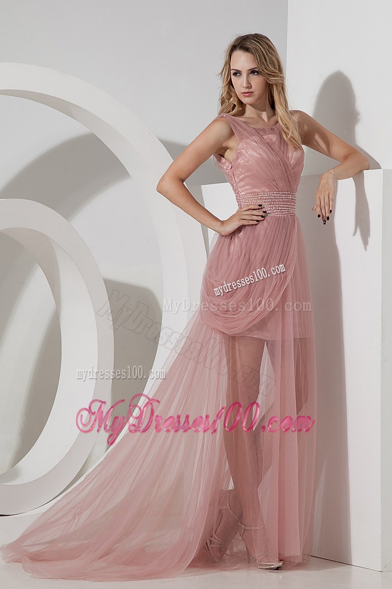 Scoop Ruches and Beading Accent Light Pink Chiffon Prom Gown of Brush Train