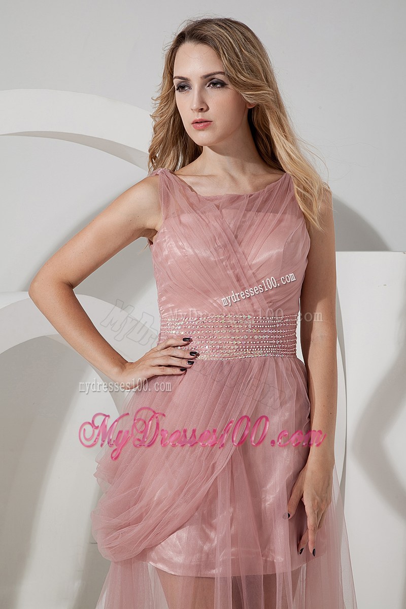 Scoop Ruches and Beading Accent Light Pink Chiffon Prom Gown of Brush Train