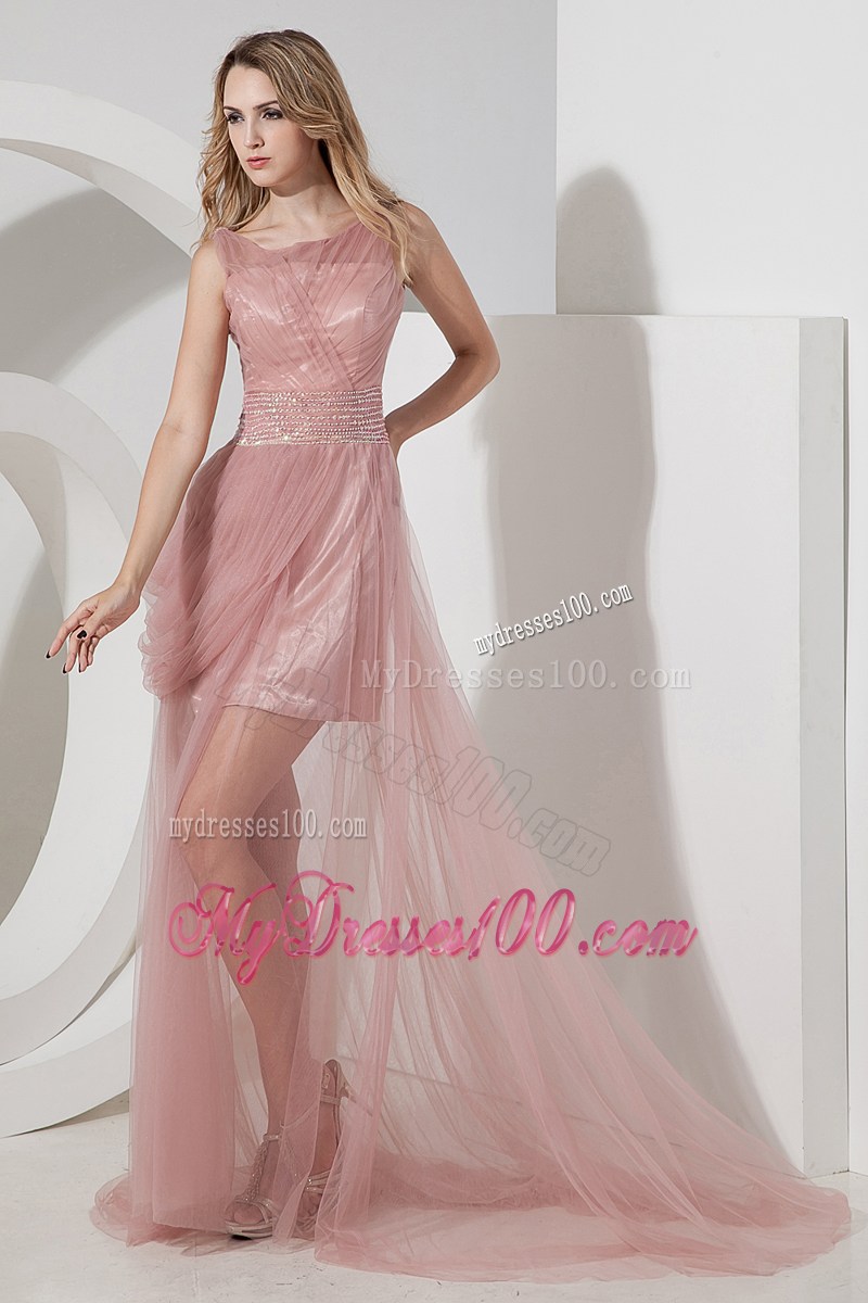 Scoop Ruches and Beading Accent Light Pink Chiffon Prom Gown of Brush Train