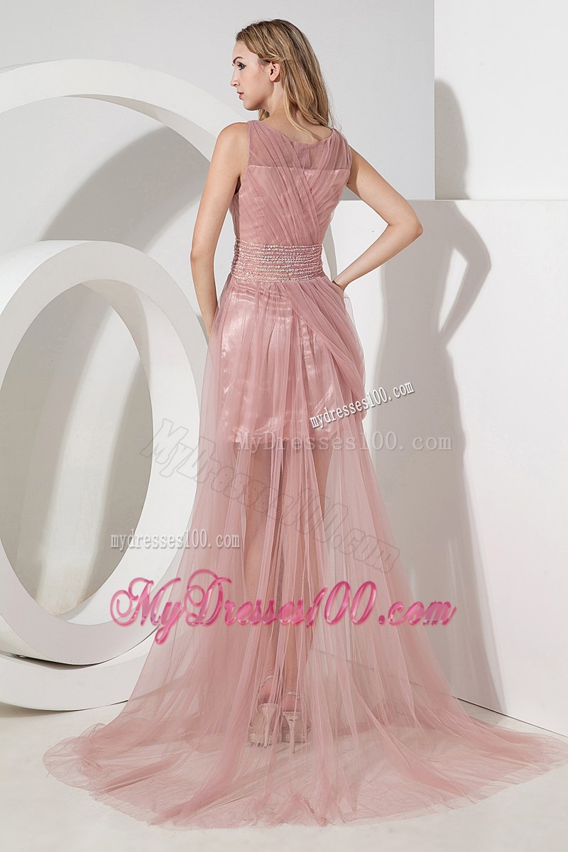 Scoop Ruches and Beading Accent Light Pink Chiffon Prom Gown of Brush Train
