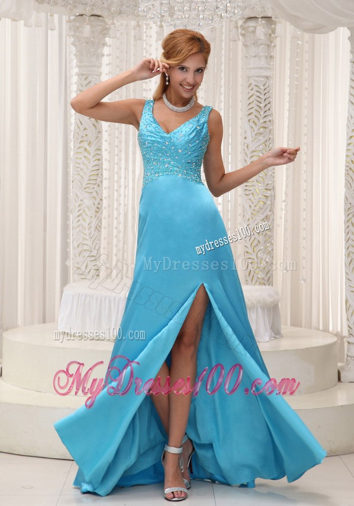 Straps Beaded and Ruched Aqua Blue Prom Gown with High Slit and Brush Train