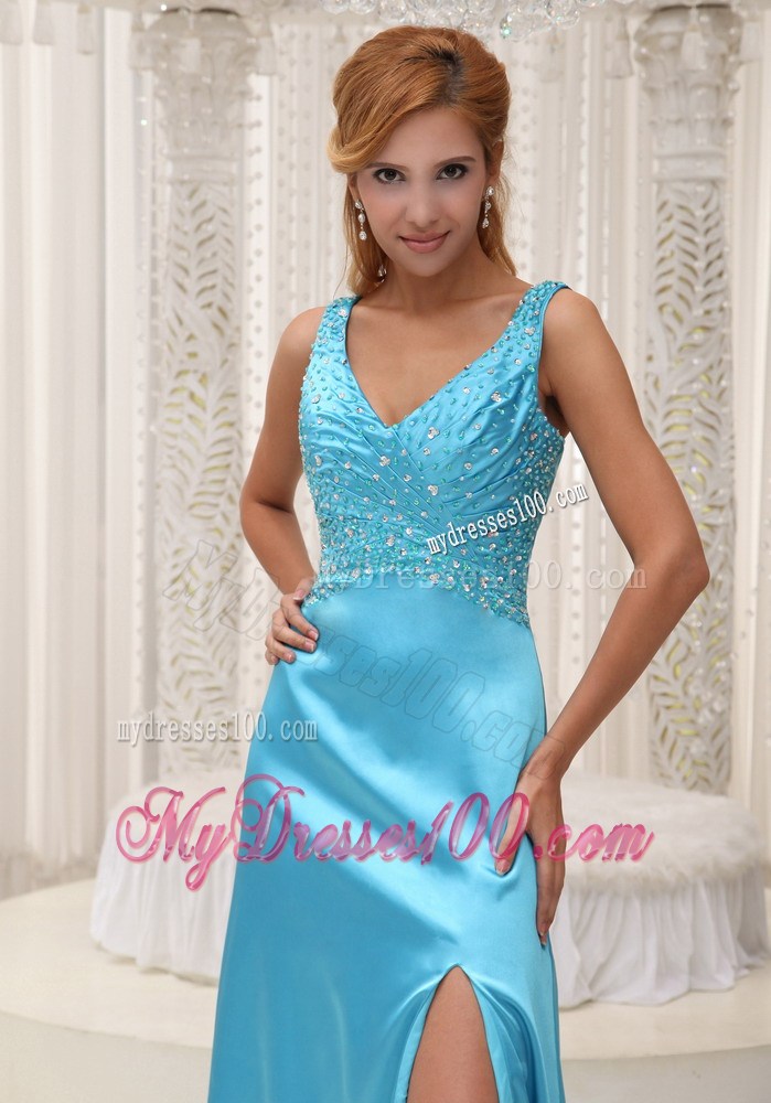 Straps Beaded and Ruched Aqua Blue Prom Gown with High Slit and Brush Train
