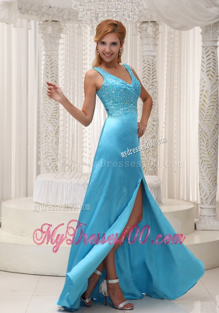 Straps Beaded and Ruched Aqua Blue Prom Gown with High Slit and Brush Train