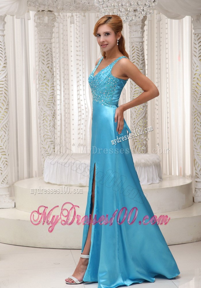 Straps Beaded and Ruched Aqua Blue Prom Gown with High Slit and Brush Train