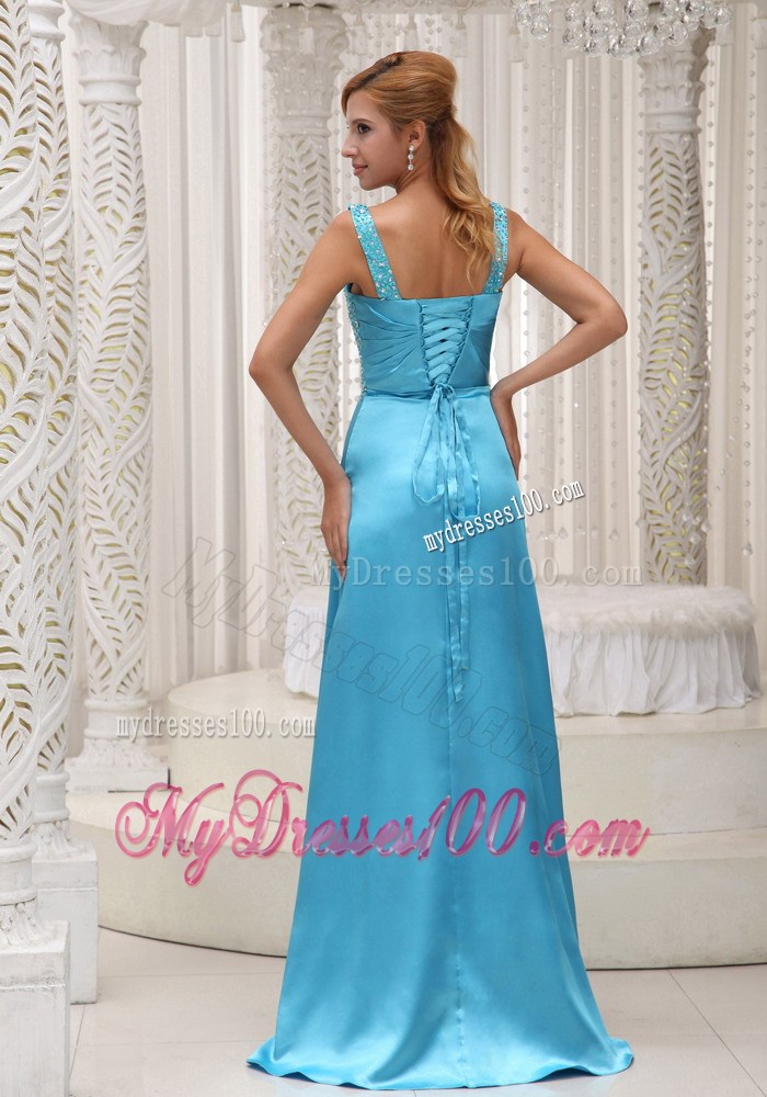 Straps Beaded and Ruched Aqua Blue Prom Gown with High Slit and Brush Train